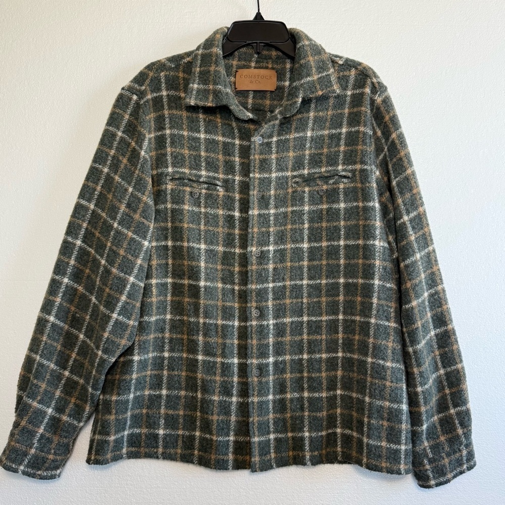 Comstock & Co Long Sleeve Wool Button Up Shirt Men L Plaid Outerwear Green